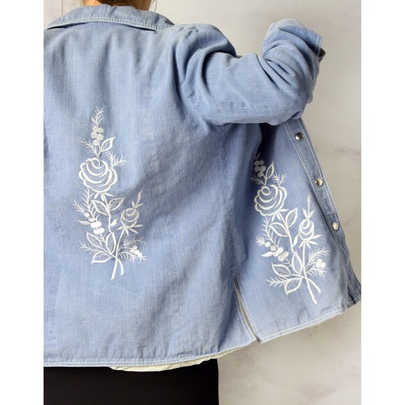 1970s Embroidered Denim Jacket Size Small - Medium 70s Snap Front Jean Jacket - Picture 2 of 6